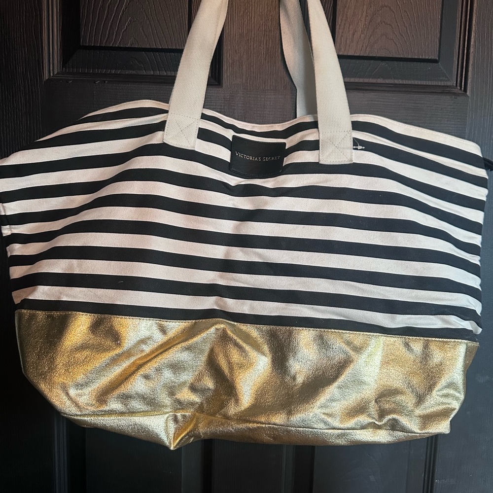Victoria's Secret Striped Tote Bag - Black, White, and Gold